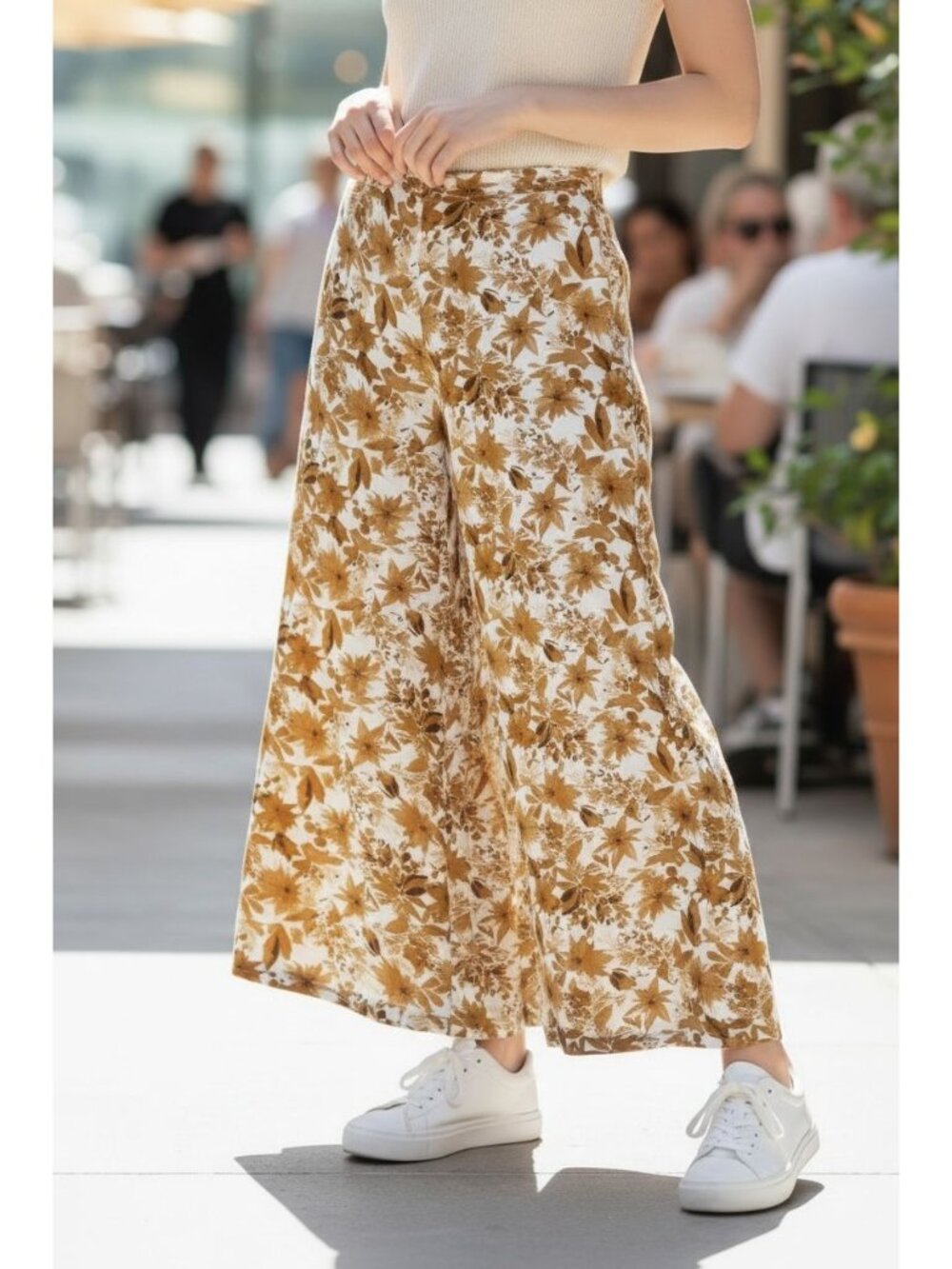 Bacio Womens Medium Pants Brown White Floral Jetsetter Palazzo Wide Leg Tropical